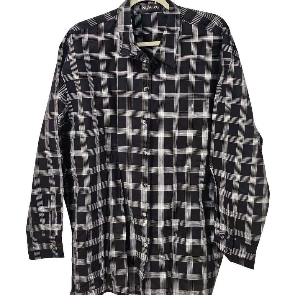 Style & Co XL Linen Blend Plaid Button Up Shirt Coastal Minimalist Windowpane